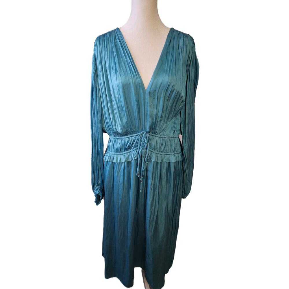 Elle Tahari Turquoise Silk Pleated Long Sleeve Dress - Size L